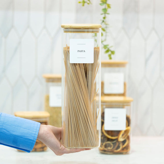 Square Glass Jar with Bamboo Lid – 2300ml Pantry Storage holding pasta, perfect for kitchen and pantry organisation.