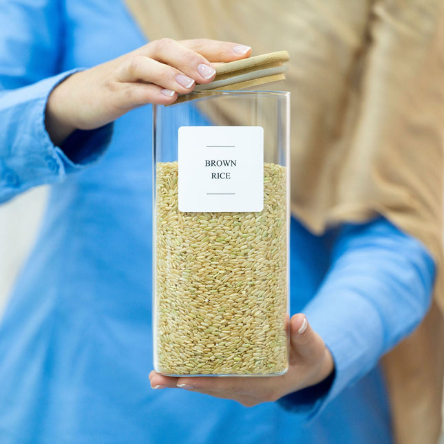 Square Glass Jar with Bamboo Lid – 1250ml Pantry Storage filled with brown rice, ideal for kitchen and pantry organisation.