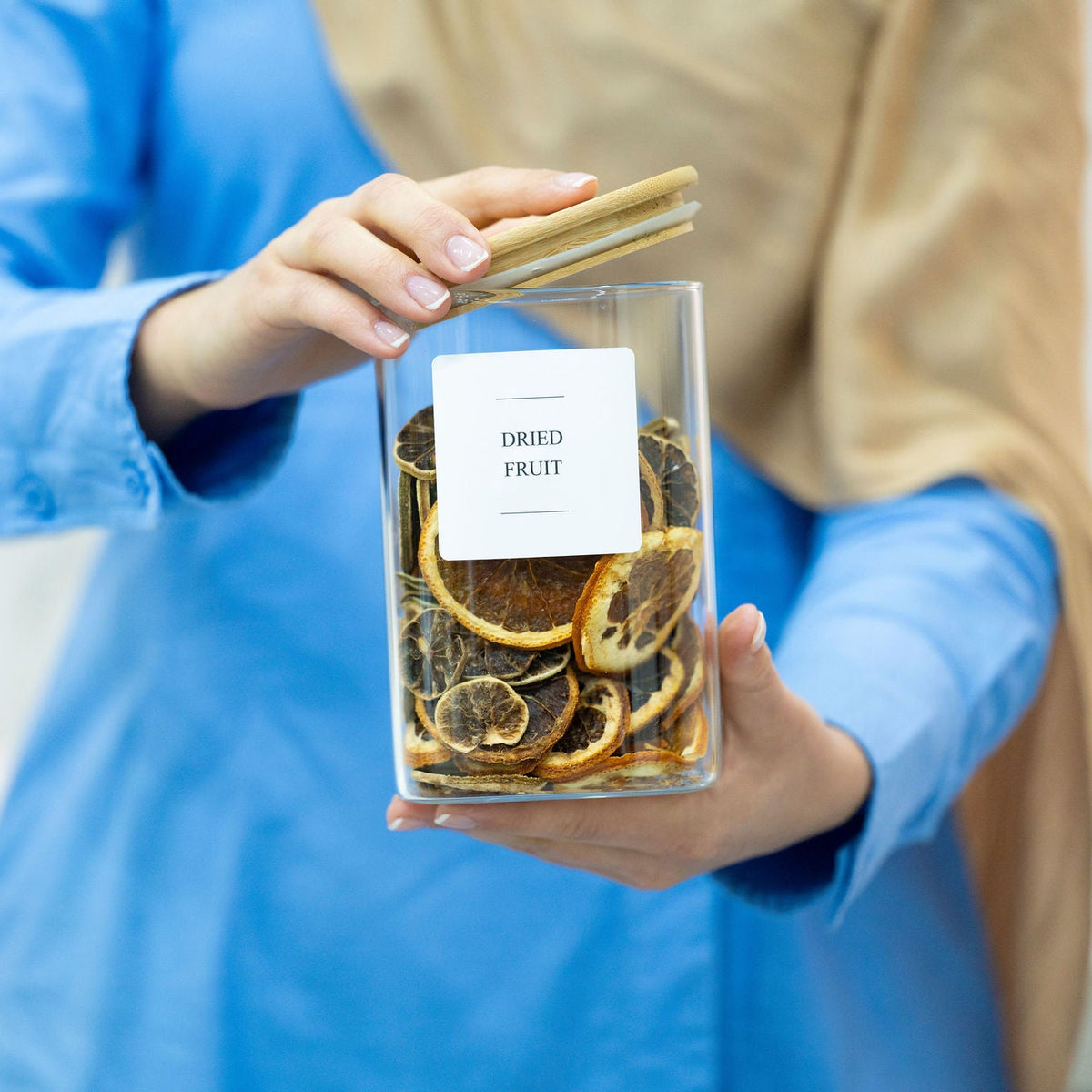 Square Glass Jar with Bamboo Lid – 1100ml Pantry Storage for dried fruit, ideal for optimising kitchen and pantry organisation.