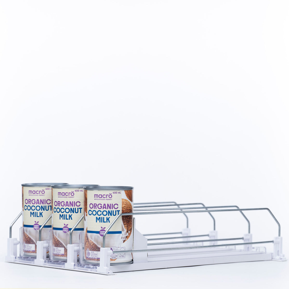 Sliding Can Organiser – Compact, Easy Access Storage for kitchen or pantry featuring metal rack with canned goods for neat organisation.