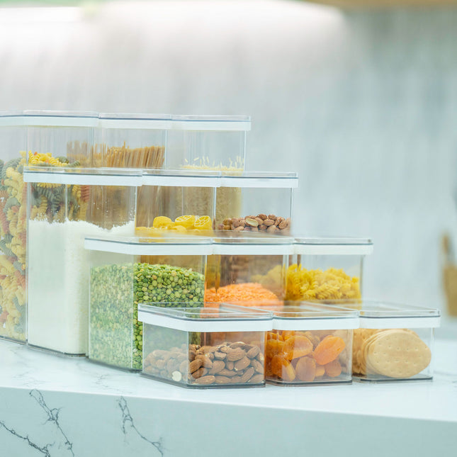 Clear Airtight Stackable Containers – 4 Sizes for pantry organisation, showcasing versatile kitchen storage organisers.