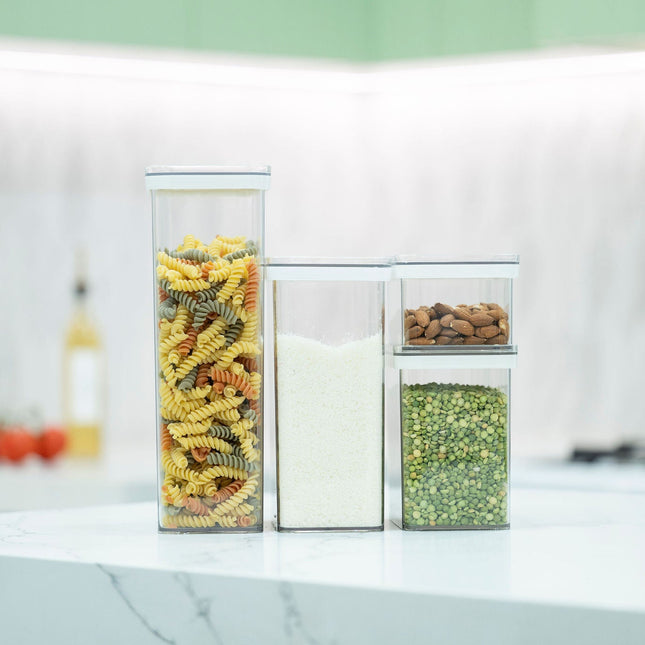 Clear Airtight Stackable Containers – 4 Sizes filled with pasta, rice, and nuts for kitchen organisation essentials.