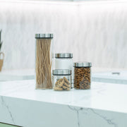 Glass Storage Jar – 400ml with Clear Stainless Lid in modern kitchen, ideal for pantry organisation and enhancing kitchen storage.