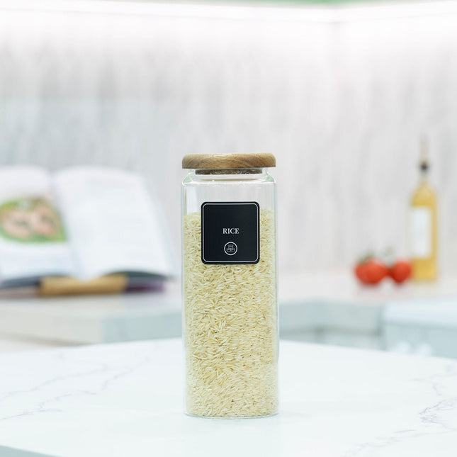 1500ml Acacia Glass Jar – Airtight Kitchen Storage filled with rice for optimal pantry organisation and freshness preservation.