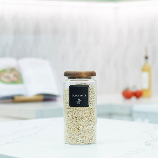 A 1200ml Acacia Glass Jar – Airtight Kitchen Storage filled with oats, ideal for pantry organisation and efficient kitchen storage.
