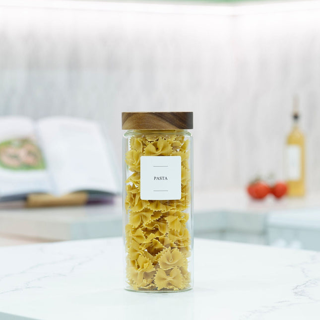 Acacia Screw On Glass Jar – 2500ml with pasta on a kitchen bench, ideal for pantry storage and home organisation.