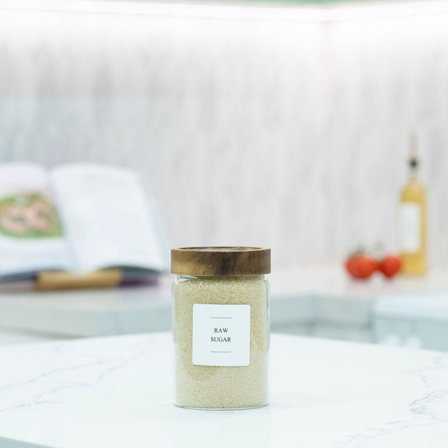 900ml Acacia Screw-On Glass Pantry Jar perfect for kitchen and pantry organisation, storing dry goods like raw sugar. Ideal storage organiser.