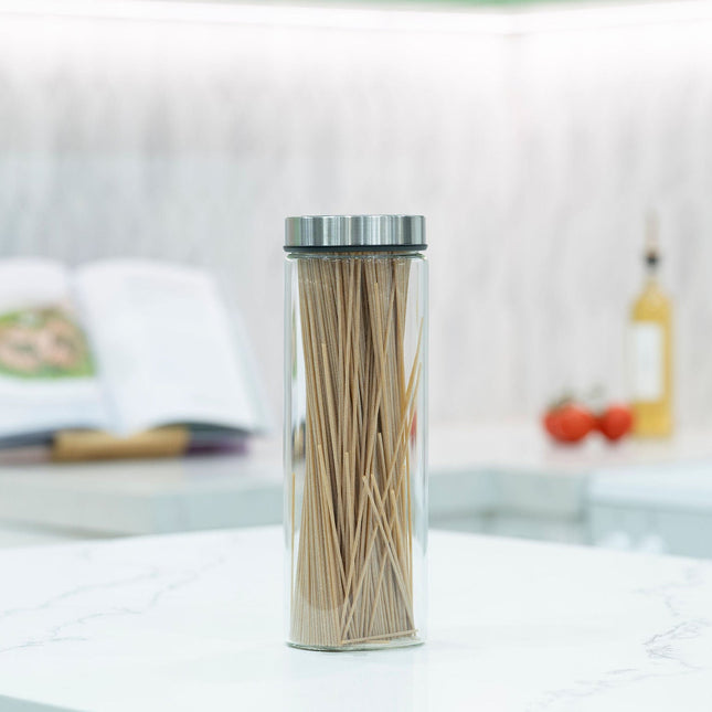 Glass Storage Jar – 1300ml with Clear Top Lid used for kitchen organisation, conveniently stores spaghetti on a marble benchtop.