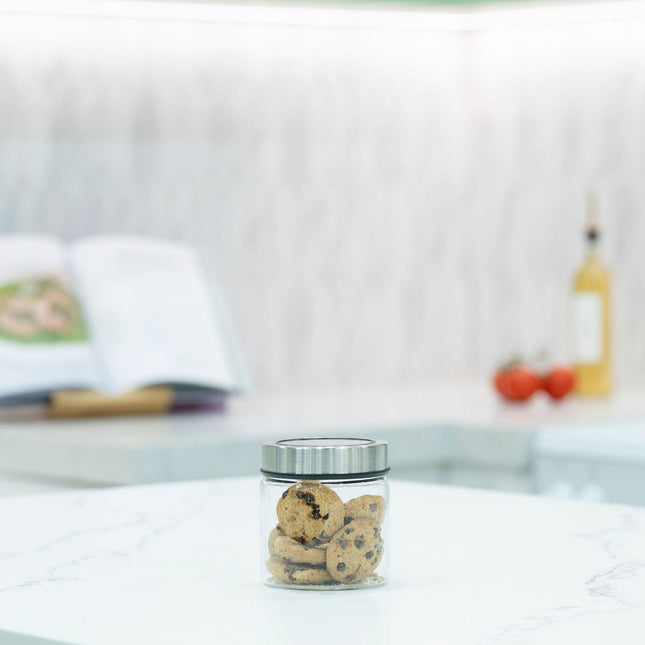 Glass Storage Jar – 400ml with Clear Stainless Lid, ideal for kitchen organisation, holding cookies on a marble countertop.