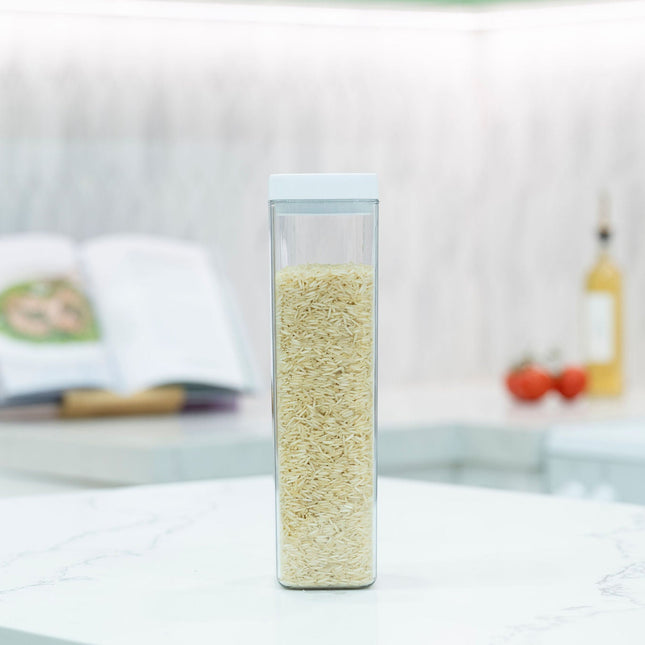 Elegant White Airtight Container – 1800ML filled with rice on kitchen counter, perfect for pantry organisation and storage organisers.
