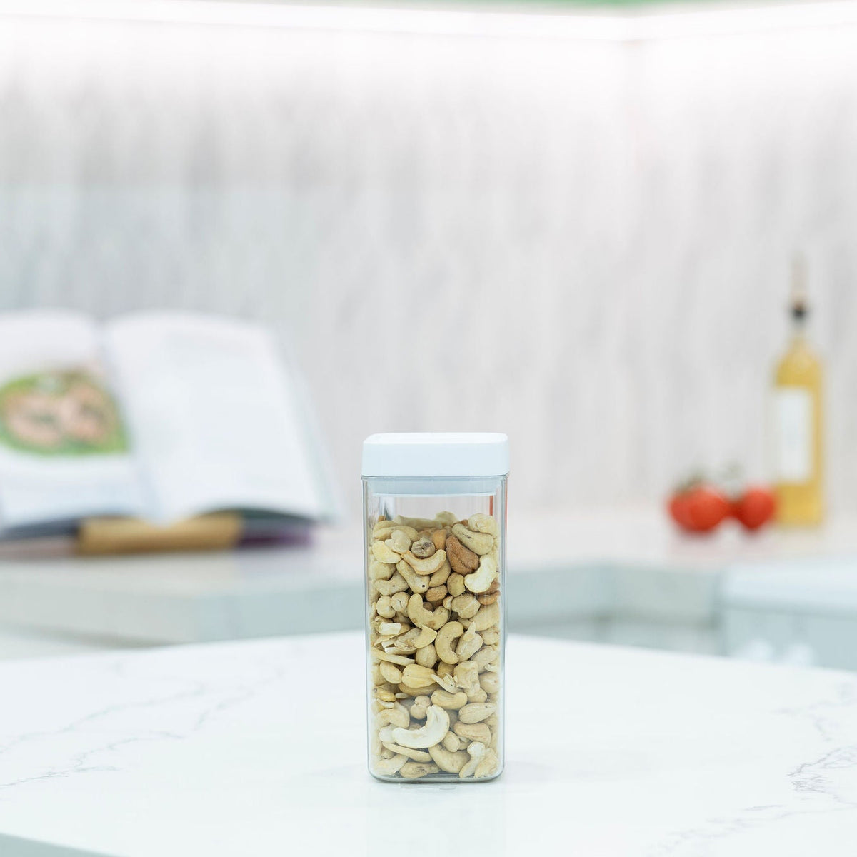 Elegant White Airtight Container – 1100ML filled with cashew nuts, ideal for pantry organisation and preserving food freshness.
