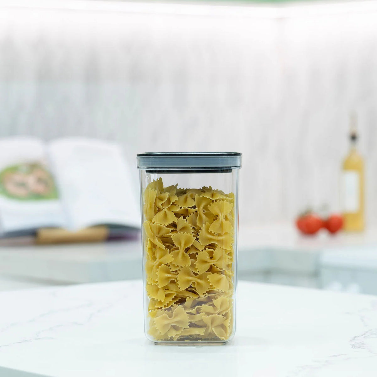 Glass jar filled with pasta, used in kitchen organisation. Part of the Family Pantry System Pack for effective storage solutions.