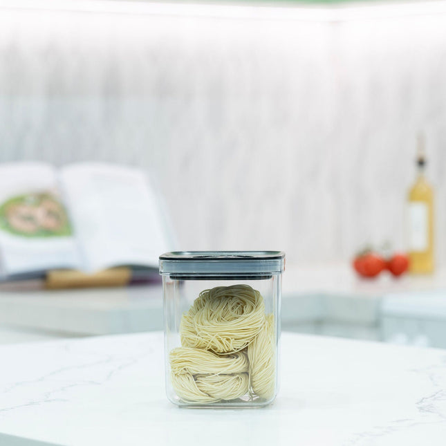 Black Airtight Container with Twist Lock – 1300ml, ideal for pantry organisation, storing pasta in a sleek kitchen setting.
