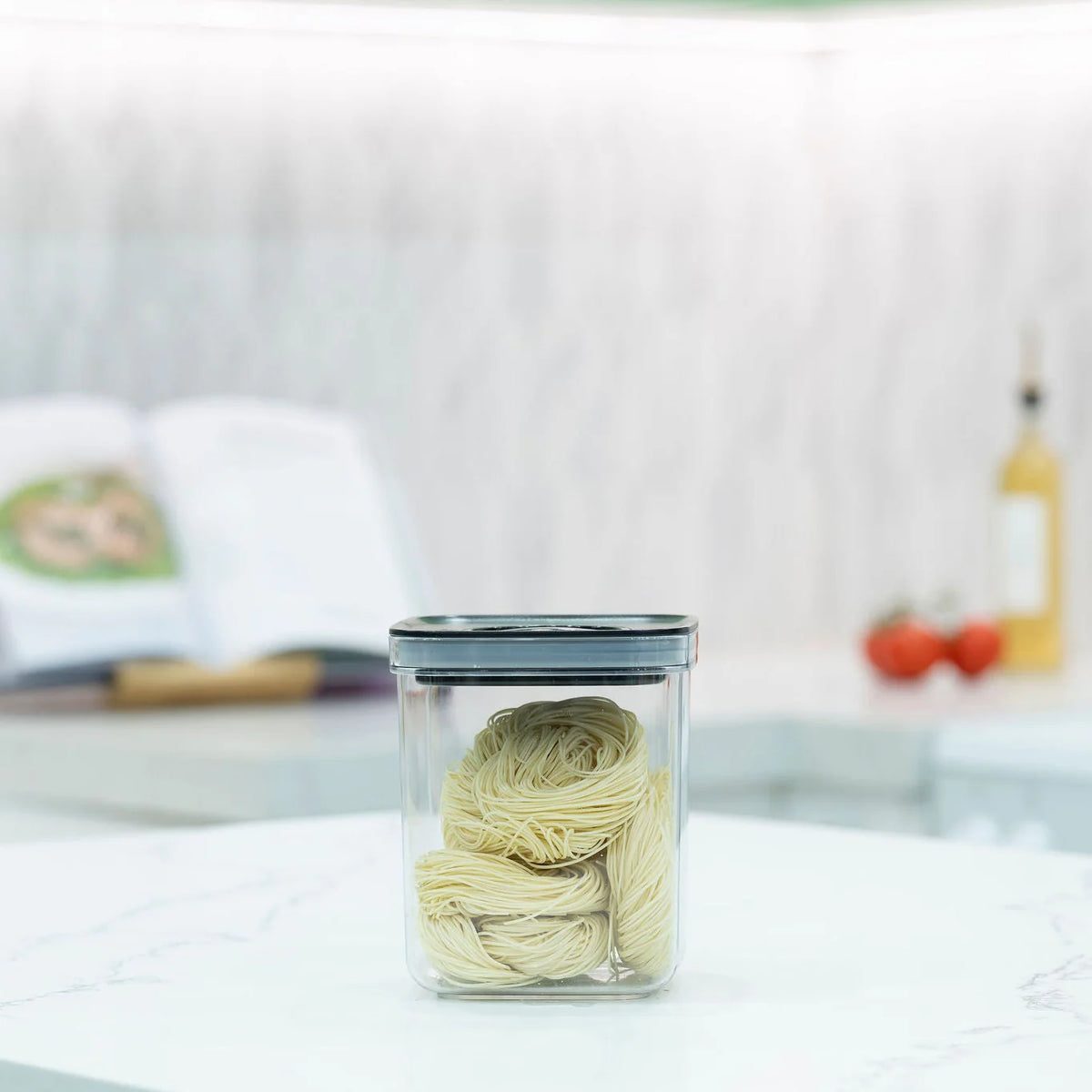 Glass jar with noodles from the Family Pantry System Pack, ideal for pantry organisation and kitchen storage efficiency.