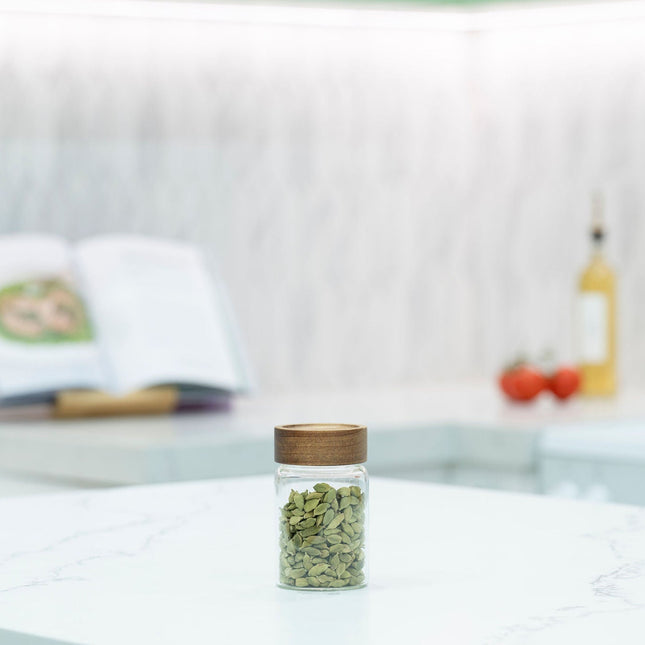 Glass storage jar from Acacia Signature Pantry Set, featuring wooden lid, ideal for kitchen organisers and pantry storage in Australian homes.