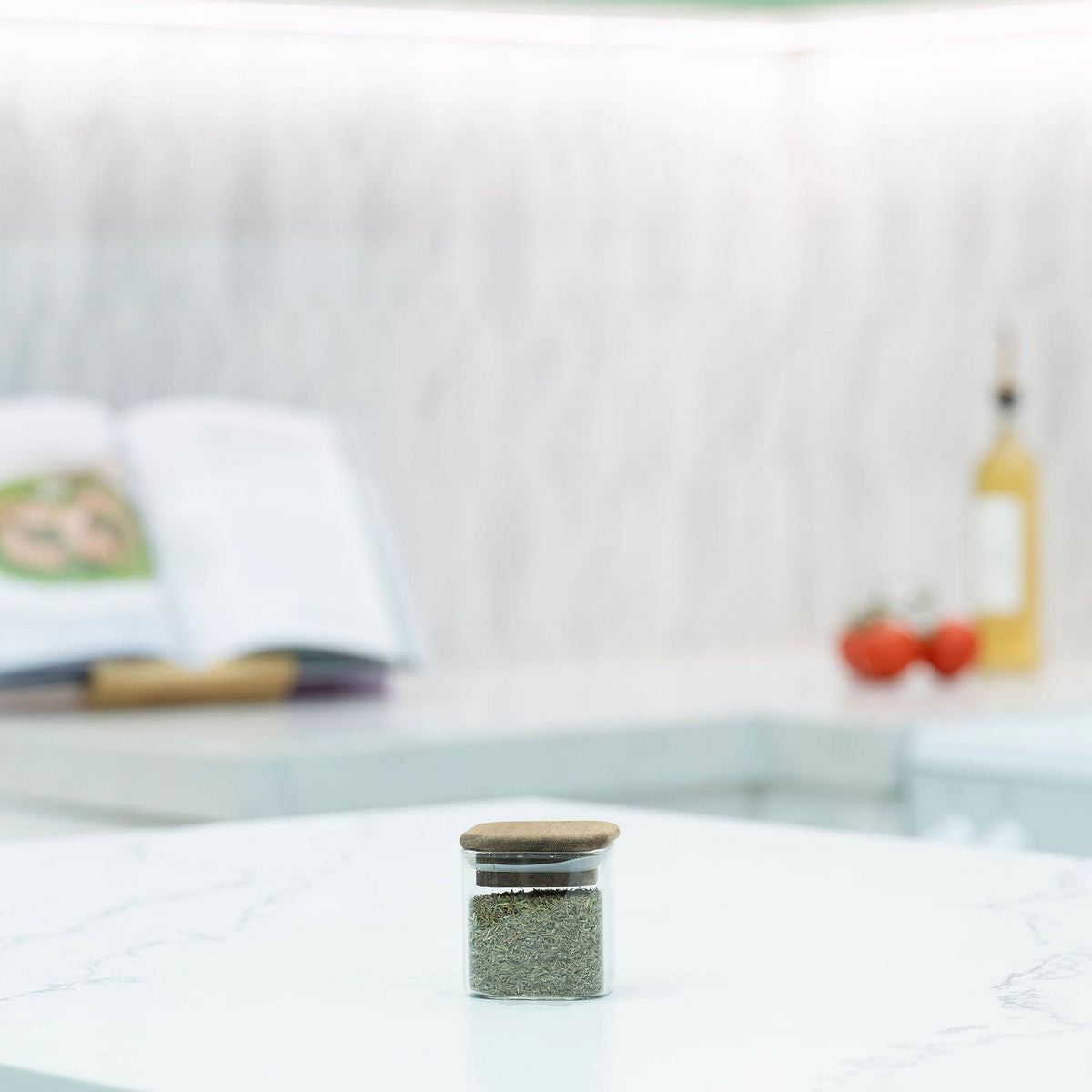 Square Acacia Spice Jar on kitchen counter ideal for pantry storage, enhancing kitchen organisation with natural wood top.