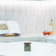 Square Acacia Spice Jar on kitchen counter ideal for pantry storage, enhancing kitchen organisation with natural wood top.