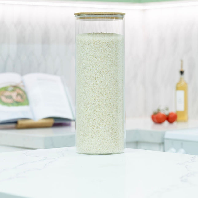 Large Glass Storage Jar with Bamboo Lid 6.4L - Kitchen Pantry Container filled with rice, ideal for kitchen and pantry organisation.