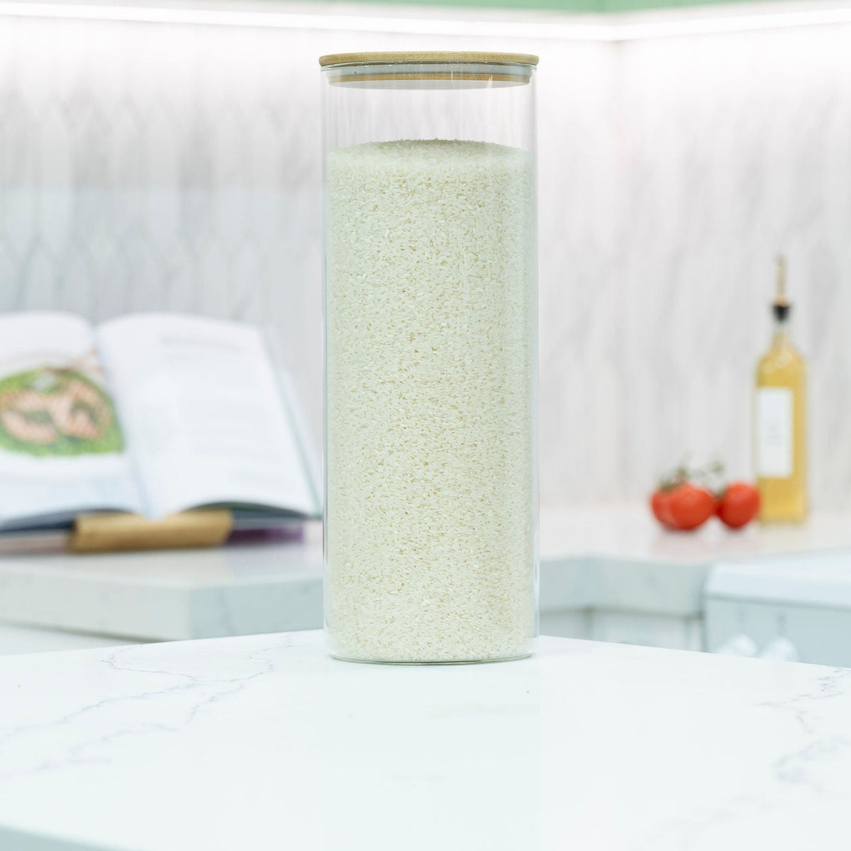 Large Glass Storage Jar with Bamboo Lid 6.4L - Kitchen Pantry Container filled with rice, ideal for kitchen and pantry organisation.
