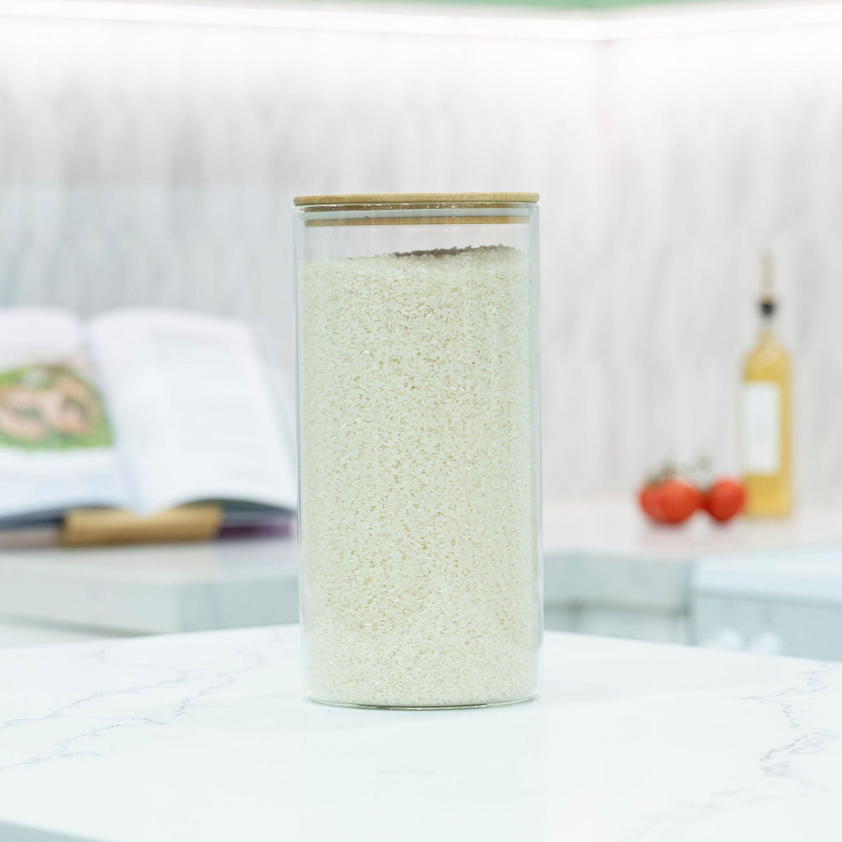 Large Glass Storage Jar with Bamboo Lid 4.8L holding rice for kitchen pantry organisation on countertop.