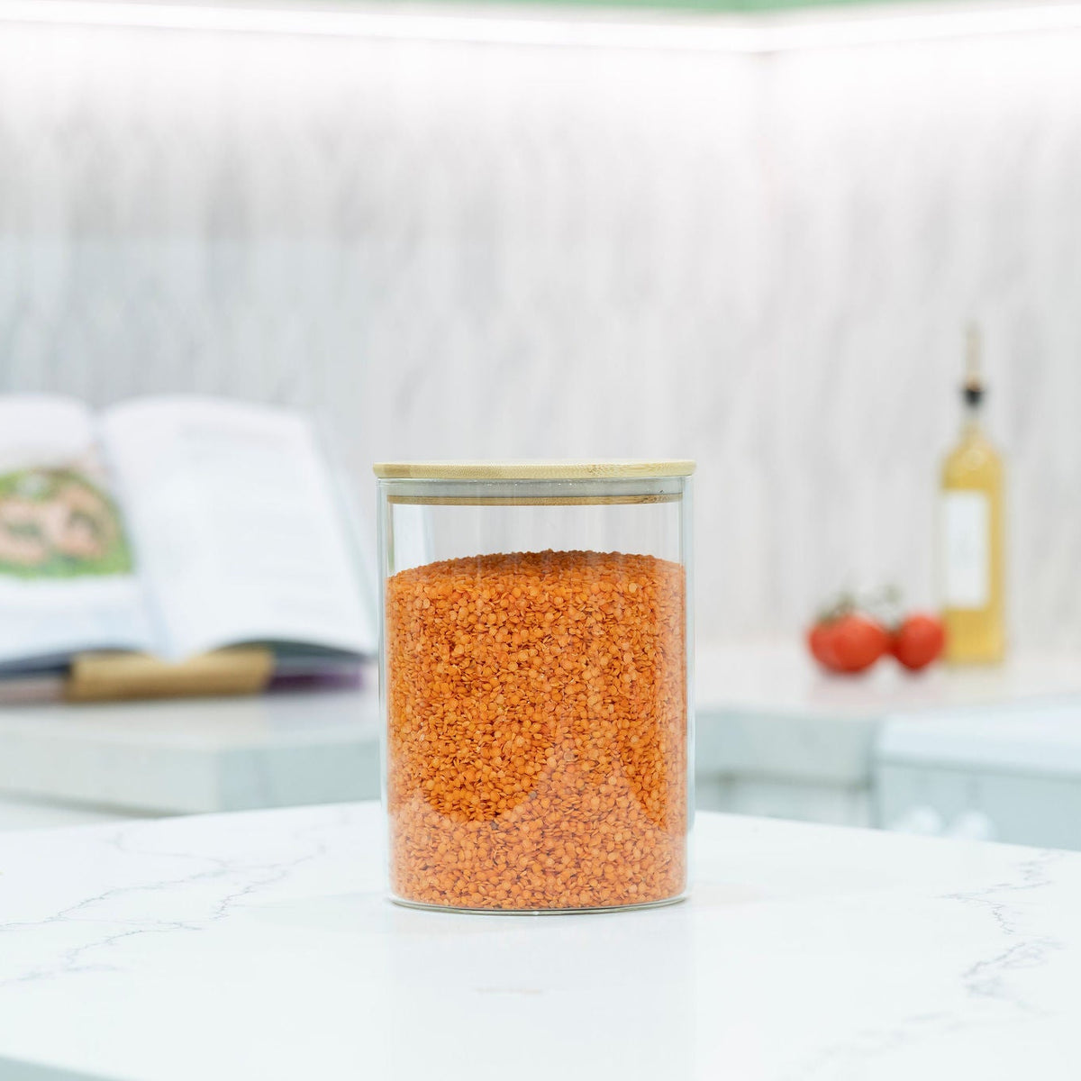 Large Glass Storage Jar with Bamboo Lid 3.2L - Kitchen Pantry Container with red lentils on countertop for pantry organisation.