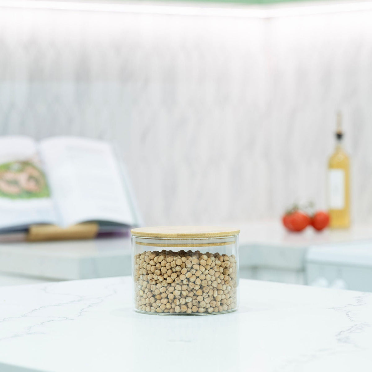 Large Glass Storage Jar with Bamboo Lid 1.6L - Kitchen Pantry Container ideal for pantry organisation, featuring a modern kitchen setting.