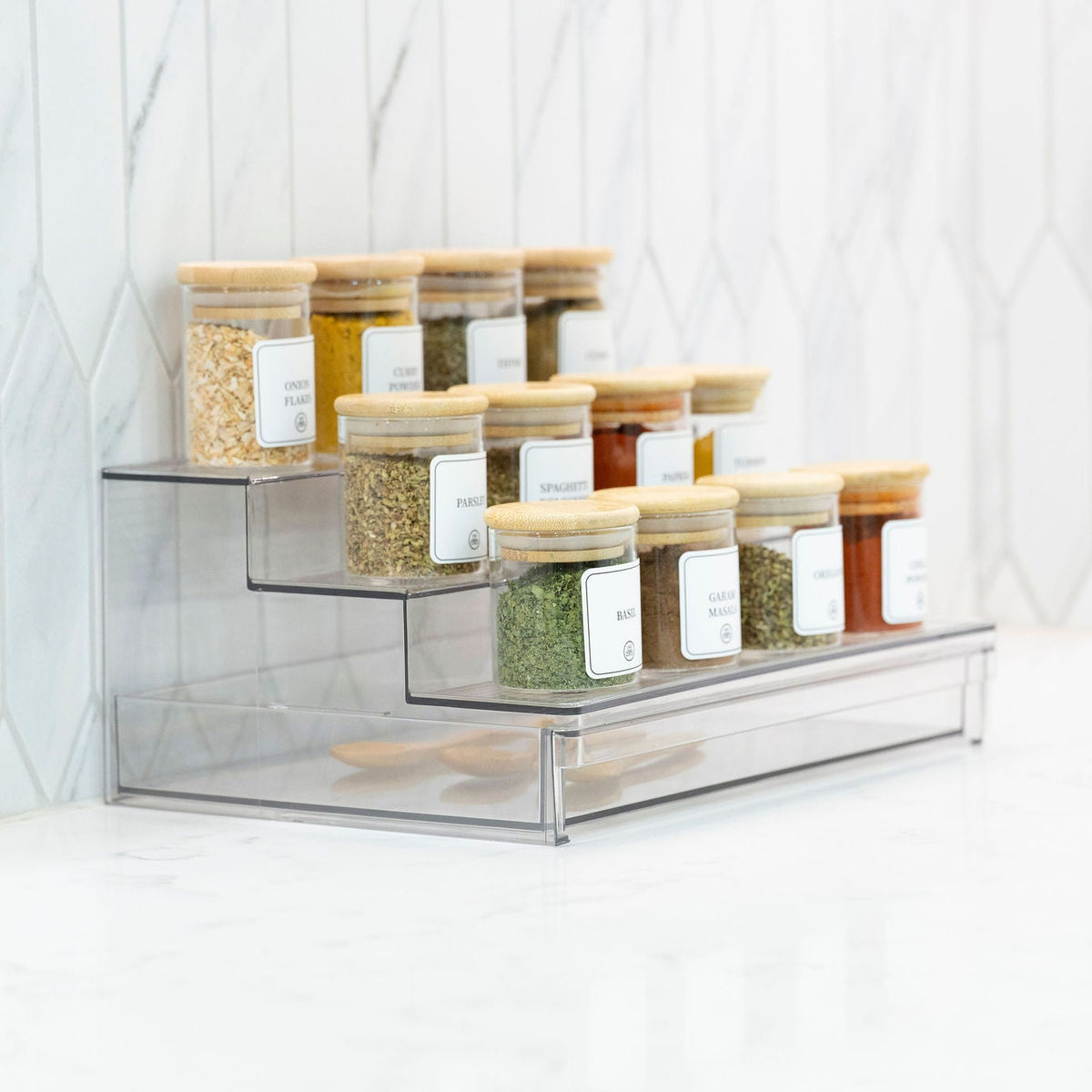 Spice Rack with 12 Bamboo Jars – Acrylic Drawer Organiser for efficient kitchen and pantry organisation.