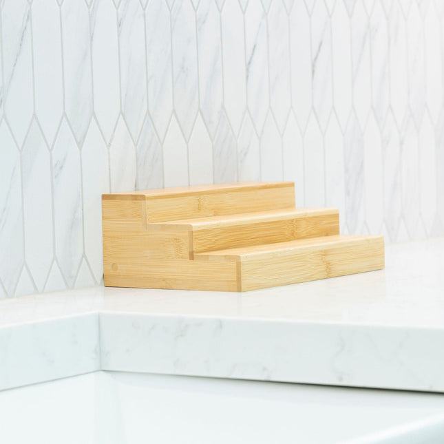 Large Bamboo Shelf – 3-Tier Organiser for Jars & More in a white kitchen, perfect for pantry or under sink storage.