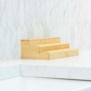 Large Bamboo Shelf – 3-Tier Organiser for Jars & More in a white kitchen, perfect for pantry or under sink storage.