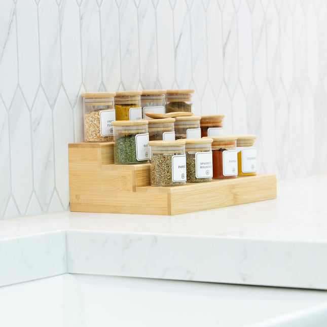 Large Bamboo Shelf – 3-Tier Organiser for Jars & More in kitchen setting displaying spice jars for pantry organisation.
