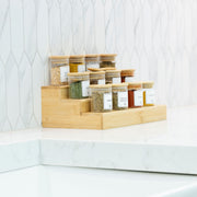 Large Bamboo Shelf – 3-Tier Organiser for Jars & More in kitchen setting displaying spice jars for pantry organisation.