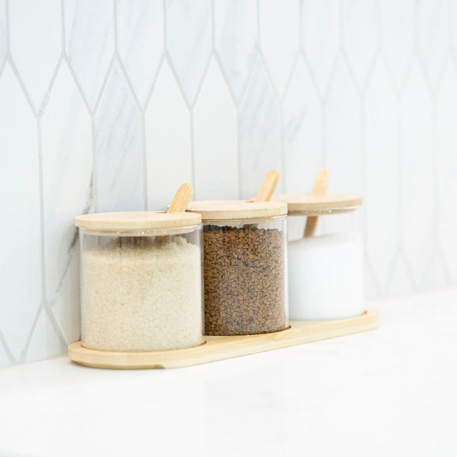 Round Bamboo Trio Glass Jar Set – 300ml Each for efficient kitchen or pantry organisation, perfect as stylish storage organisers.