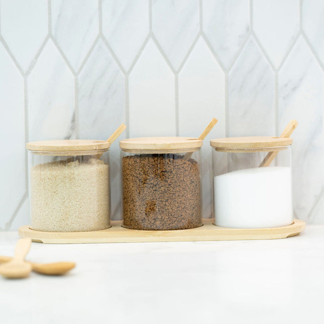 Round Bamboo Trio Glass Jar Set – 300ml Each displayed in a kitchen setup for pantry organisation and efficient storage.