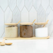 Round Bamboo Trio Glass Jar Set – 300ml Each displayed in a kitchen setup for pantry organisation and efficient storage.