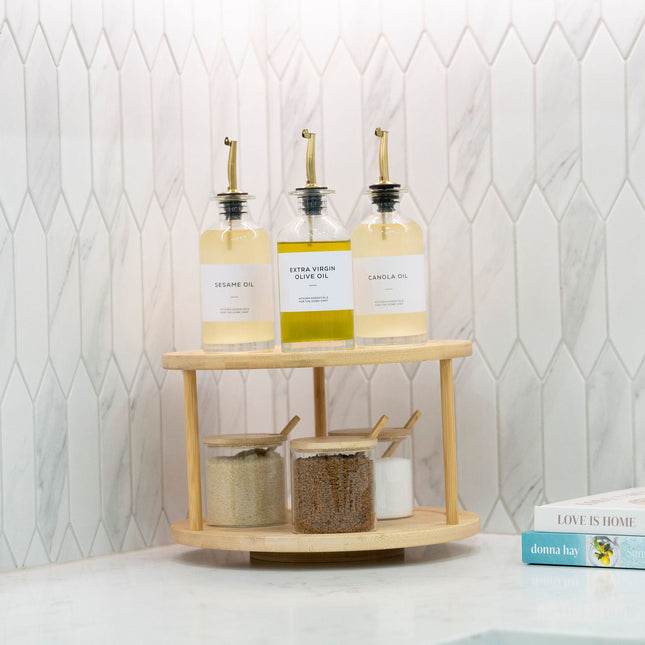 Double-Tier Bamboo Lazy Susan – 30cm Rotating Organiser holding oils and spices for kitchen and pantry storage organisation.