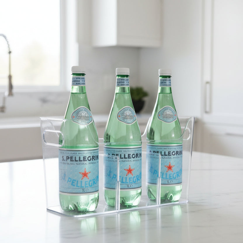 Clear Pull-Out Organiser holding bottles on a kitchen countertop, ideal for kitchen organisation and storage organisers.