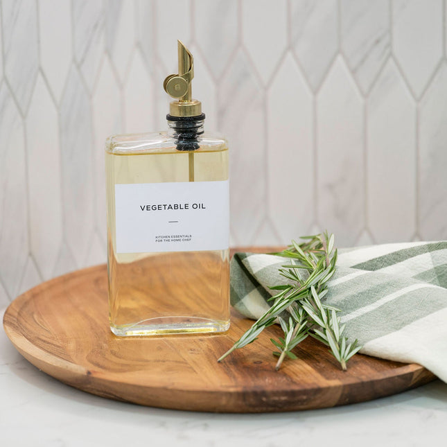 Glass Oil & Vinegar Book Bottle – 350ml Dispenser on kitchen counter for efficient pantry organisation.
