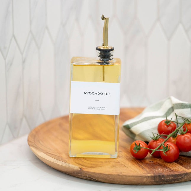 Glass Oil & Vinegar Bottles with Tray – 5 Pack featuring avocado oil bottle with gold spout, ideal for kitchen organisers, home use