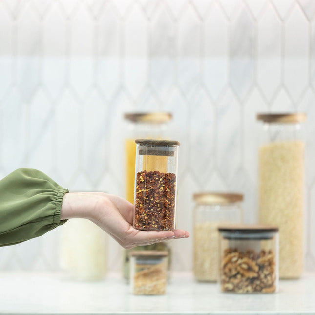 Square Acacia Spice Jars – 3 Sizes displayed in a kitchen, perfect for pantry organisation with a focus on glass jars for efficient storage.