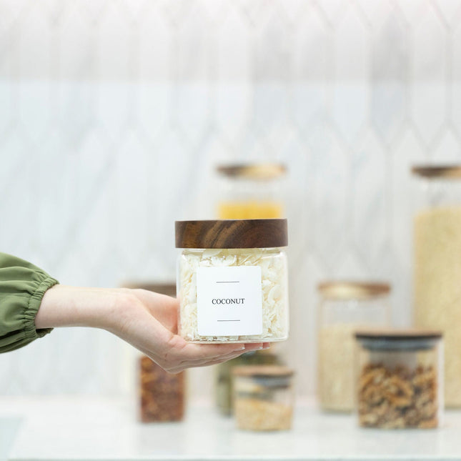Acacia Signature Pantry Set glass jar with acacia wood lid holding coconut, ideal for pantry storage and home organisation