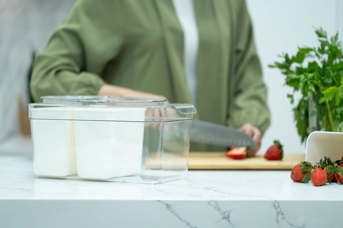 Triple Clear Fridge Organiser with Removable Baskets on kitchen countertop, ideal for fridge storage and kitchen organisation.