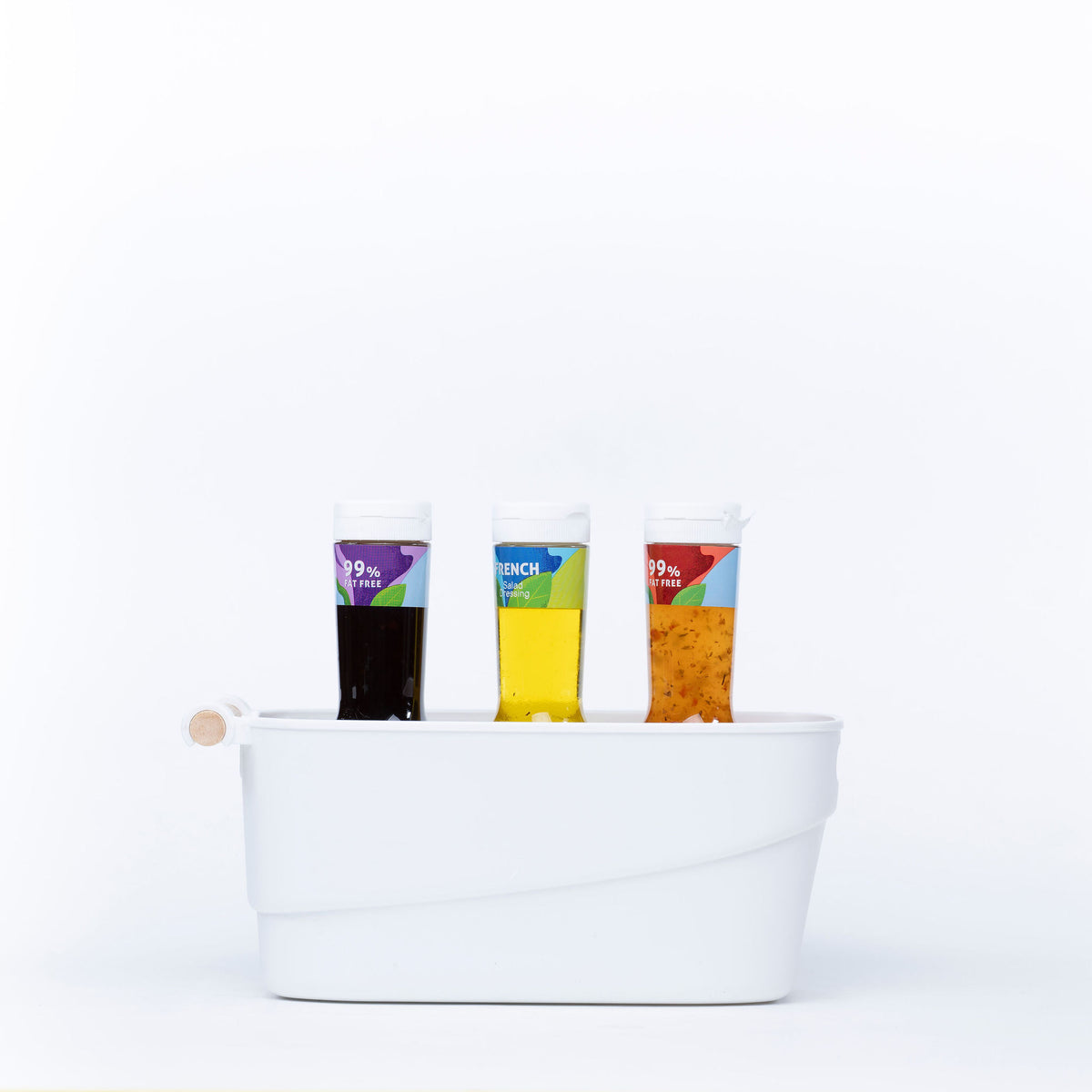 Small White Storage Tub – Stylish with Wooden Handles used for kitchen organisation, holding bottles for easy pantry access.