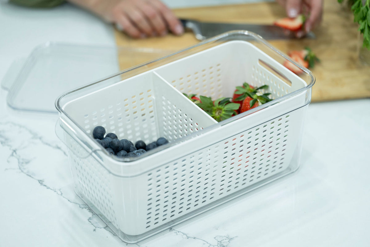 Double Fridge Organiser with Removable Baskets for kitchen storage, keeping fresh produce organised and accessible.
