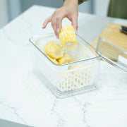 Fridge Storage Container with Single Basket holding corn, enhancing kitchen organisation. Ideal for fridge, a perfect storage organiser.