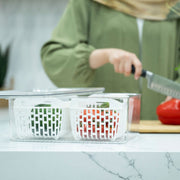 Fridge Storage Container with Double Basket used for fresh produce on a kitchen countertop, ideal for fridge and pantry organisation.