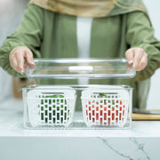 Person placing lid on Fridge Storage Container with Double Basket for kitchen organisation. Ideal fridge organisers.