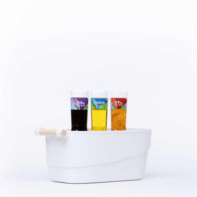 Small White Storage Tub – Stylish with Wooden Handles holding cleaning supplies, perfect for under sink storage and kitchen organisation.
