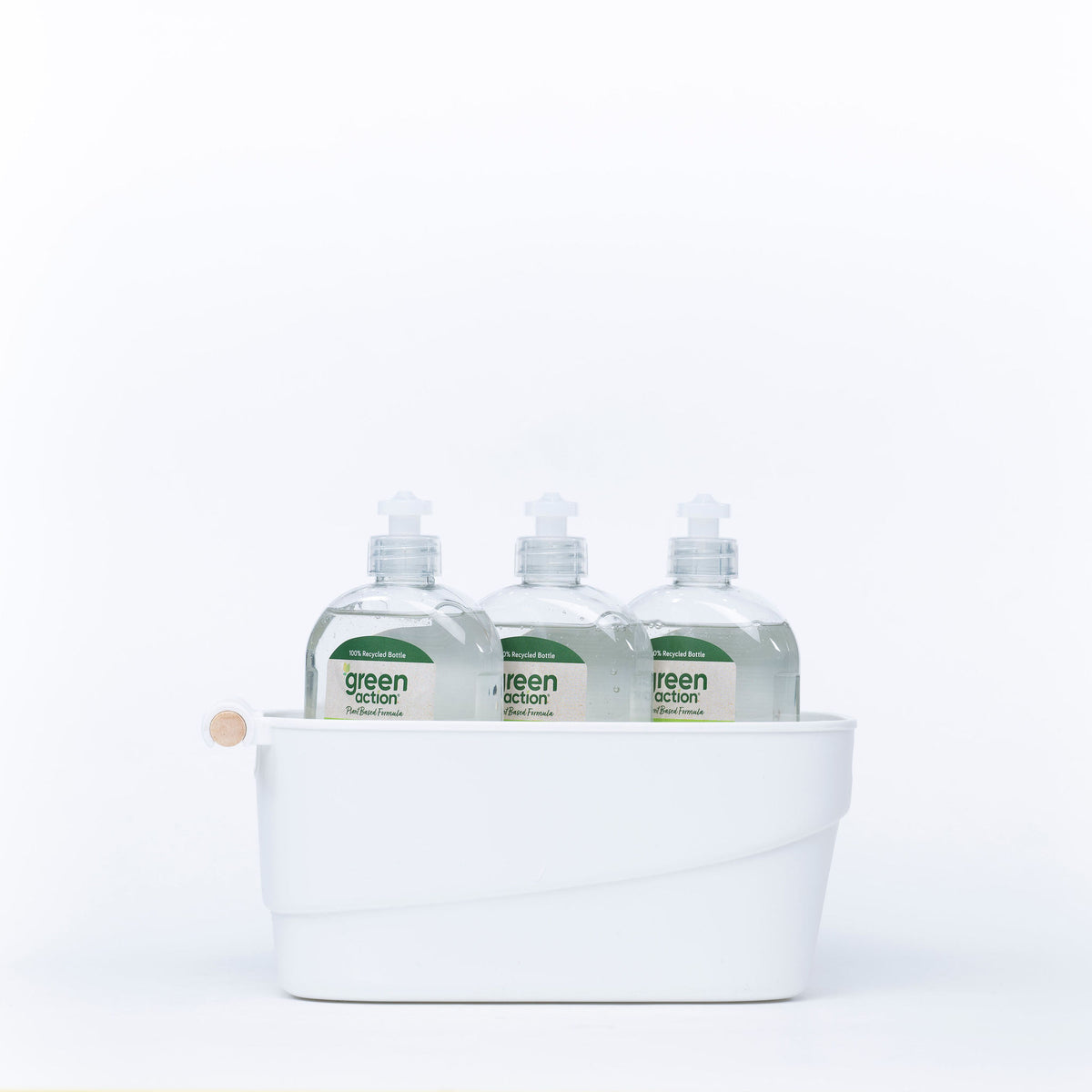 Small White Storage Tub – Stylish with Wooden Handles, perfect for kitchen organisation, holding soap bottles for under sink storage.