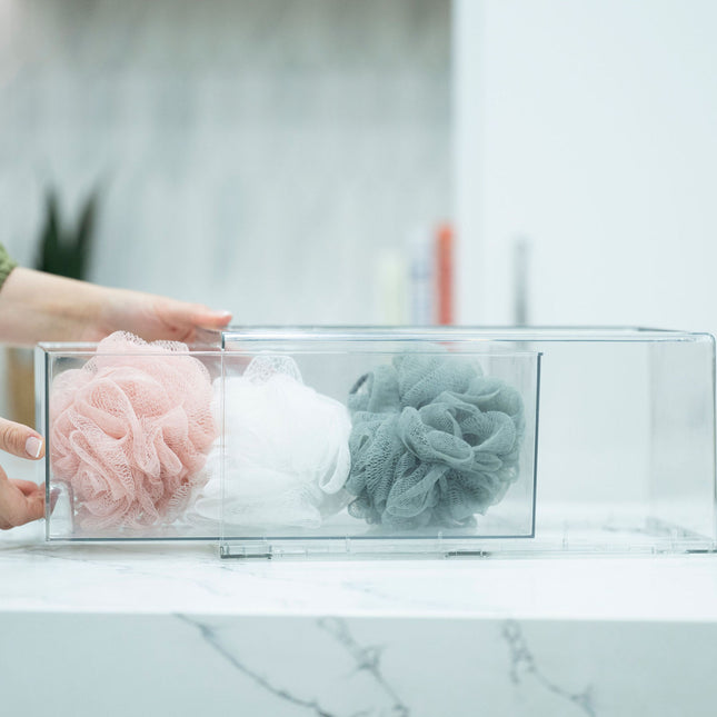 Clear Modular Drawer Organiser – Large used for bathroom storage of bath sponges, showcasing versatile under sink storage solution.