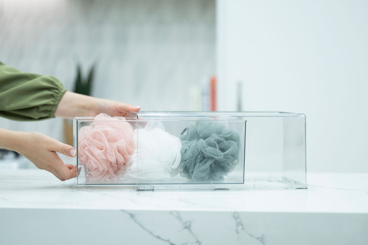 Clear Modular Drawer Organiser – Large used for bathroom storage of bath sponges, showcasing versatile under sink storage solution.